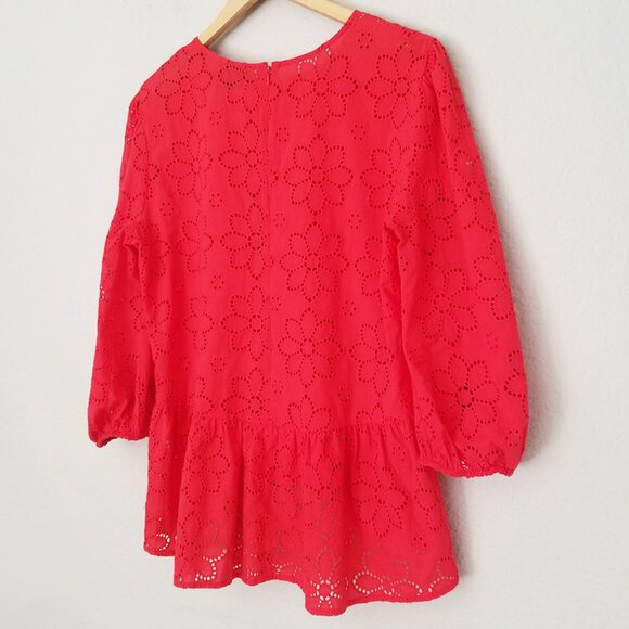 Halogen Women's M 3/4 Sleeve Eyelet Floral Peplum Blouse In Red Poinsettia $69 - Picture 4 of 16